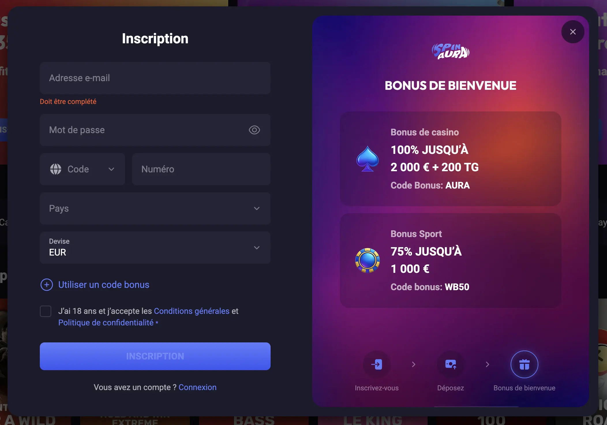 SpinAura Casino Inscription